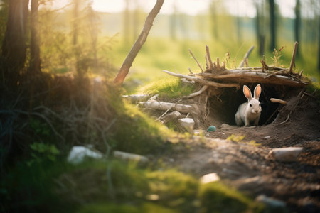 empty rabbit burrow in a clearingの素材