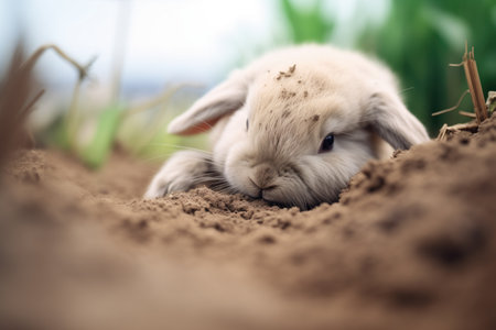 rabbit digging in soft earth with paws visibleの素材