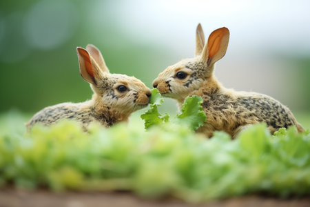 a pair of spotted rabbits feasting on kale leavesの素材