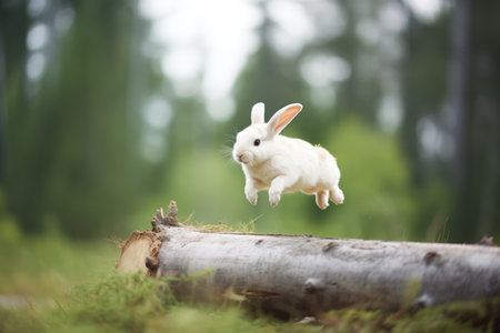 white rabbit leaping over wooden logの素材