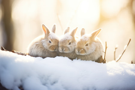 three rabbits huddle for warmthの素材