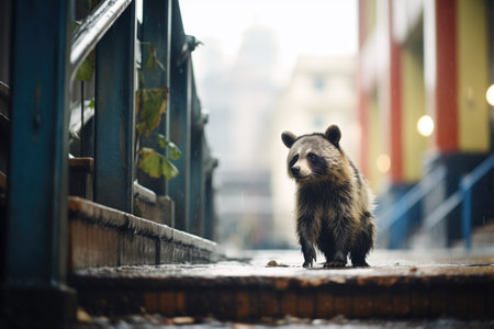 raccoon on a city stairwayの素材