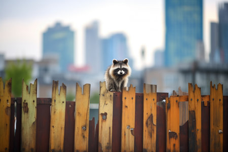 urban raccoon on a fence with cityscape backgroundの素材