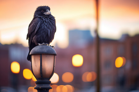 raven on a lamppost in eerie lightの素材
