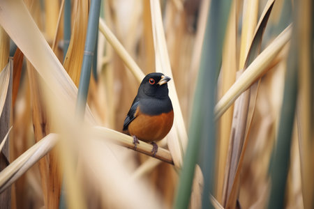 high angle shot of blackbird in reeds mazeの素材