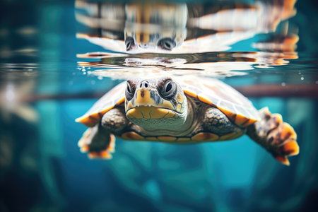 reflection of turtle on water surface from belowの素材
