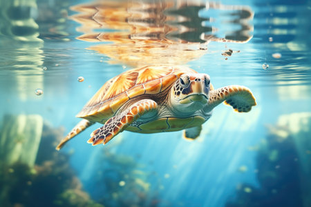 reflection of turtle on water surface from belowの素材