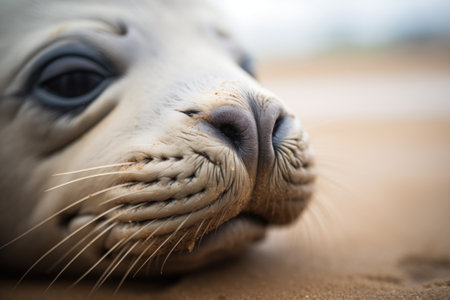 close-up of sealè¢Âs whiskered face on beachの素材