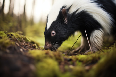 close-up of a skunk sniffing the forest groundの素材