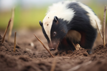 close-up of skunk digging for grubs in dirtの素材