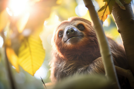 backlit sloth with sun rays filtering through leavesの素材