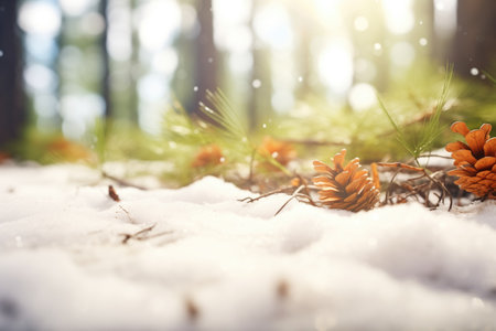 fresh snowdrifts on a pine forest floorの素材