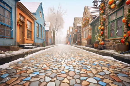 snowflakes on village cobblestone pathsの素材