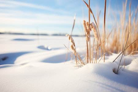 fresh snowshoe tracks surrounding a lone frozen reed clusterの素材