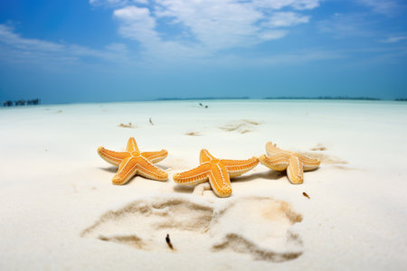 group of starfish on a sandy seabed, clear waterの素材