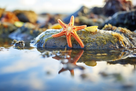 a starfish in a tide pool, sun reflection on waterの素材