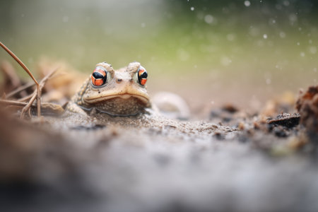 toad hiding in a muddy bankの素材