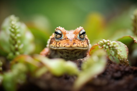 toad framed by garden foliageの素材