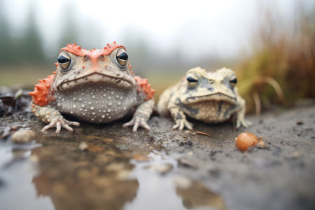 two toads on a muddy bankの素材