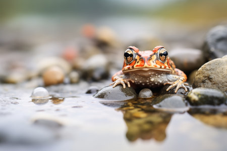 toad on pebbles near waterの素材