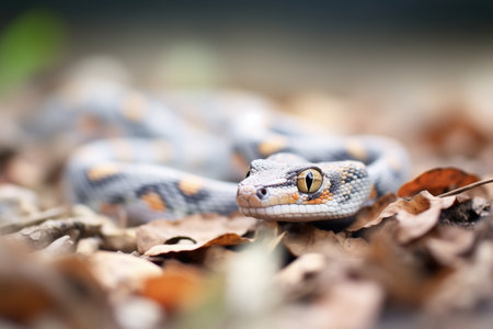 sharp focus on viper in a defocused setting of scattered leavesの素材