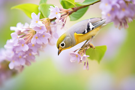 warbler with pollen on beak in lilac flowersの素材