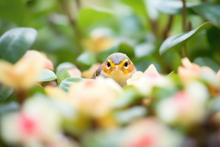 warbler nestled in a bed of camellia blossomsの素材