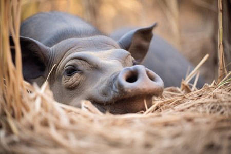warthog snuggling in dry savanna brushの素材
