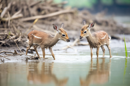 young waterbucks playing near waterè¢Âs edgeの素材