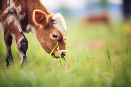 calf grazing on fresh farm grassの素材