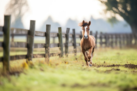 foal galloping in a fenced pastureの素材