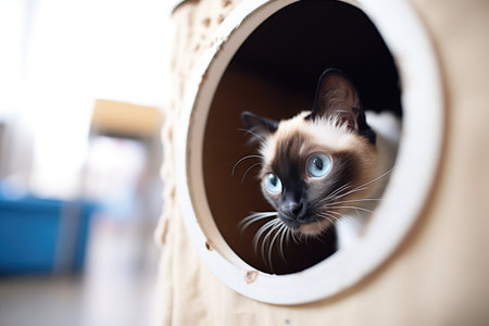 siamese cat peering through a hole in a cat condoの素材