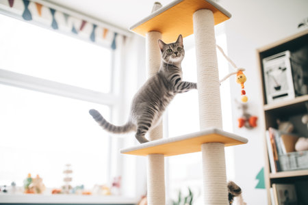 grey cat jumping to the highest level of a cat treeの素材