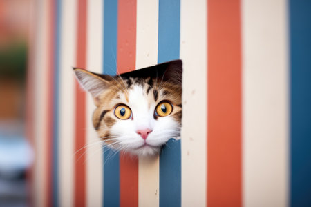 striped cat peeking out from cardboard box flapの素材