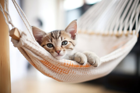 tabby kitten curled on a small hammock indoorsの素材