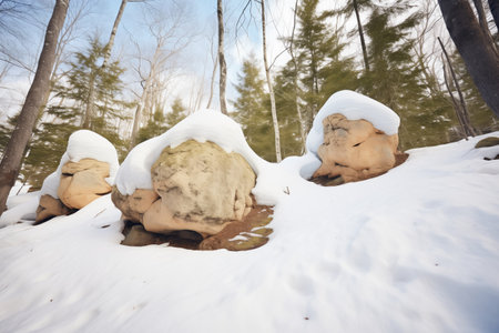 snow mounds on rock surfaces among treesの素材