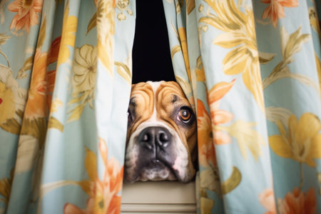 dog peeking from behind curtainの素材