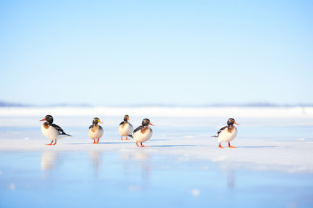 ducks on ice, clear blue sky backgroundの素材