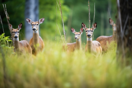group of deer alerted at the sound, ears perkedの素材