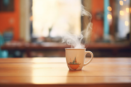 steam rising from a hot cocoa cup on a wooden tableの素材