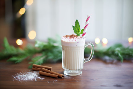 close-up of cocoa with peppermint stick stirrerの素材