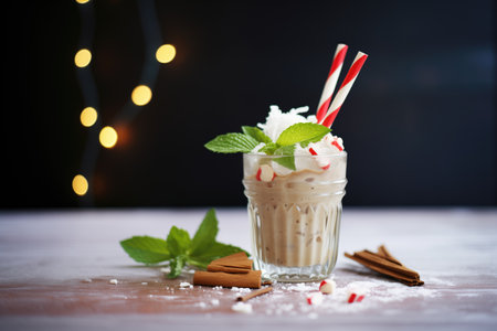 close-up of cocoa with peppermint stick stirrerの素材