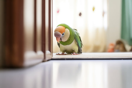 parakeet gazing curiously at mirror on floorの素材
