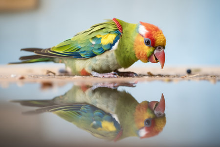 parakeet with mirror showing multiple reflectionsの素材