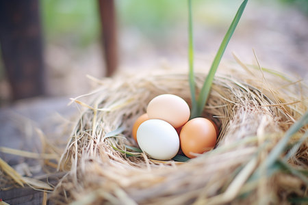 fresh eggs nestled in straw nestの素材