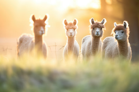 group of alpacas backlit by evening glowの素材