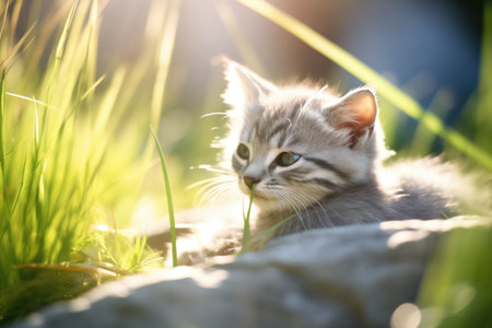 grey kitten curling up in a patch of afternoon sunの素材