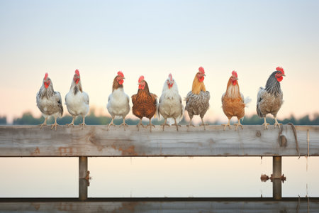 chickens lined up on wooden beam at duskの素材
