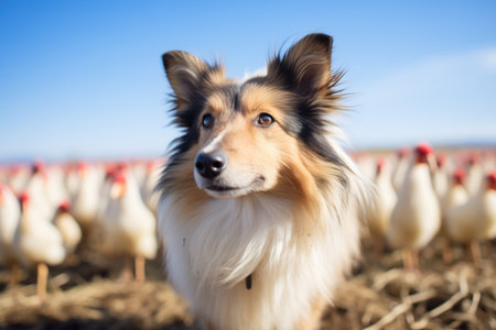 shetland sheepdog amidst a flock on a clear dayの素材