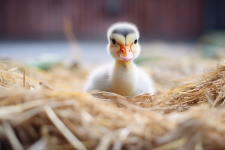 single duckling nestled in hayの素材